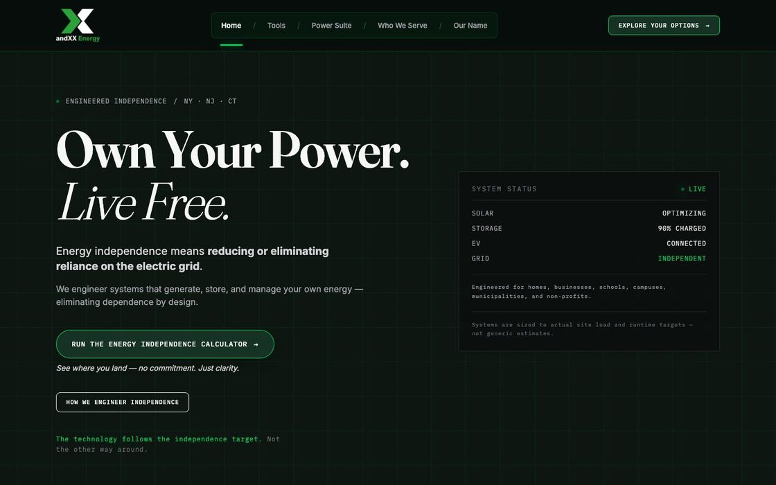 andXX Energy website: dark homepage with the headline Own your power, live free and a system status panel
