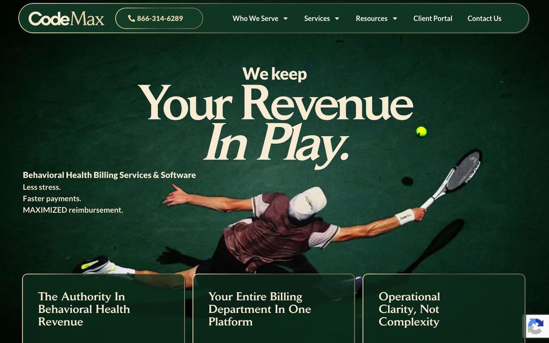 CodeMax website: deep green homepage with a tennis player and the headline We keep your revenue in play
