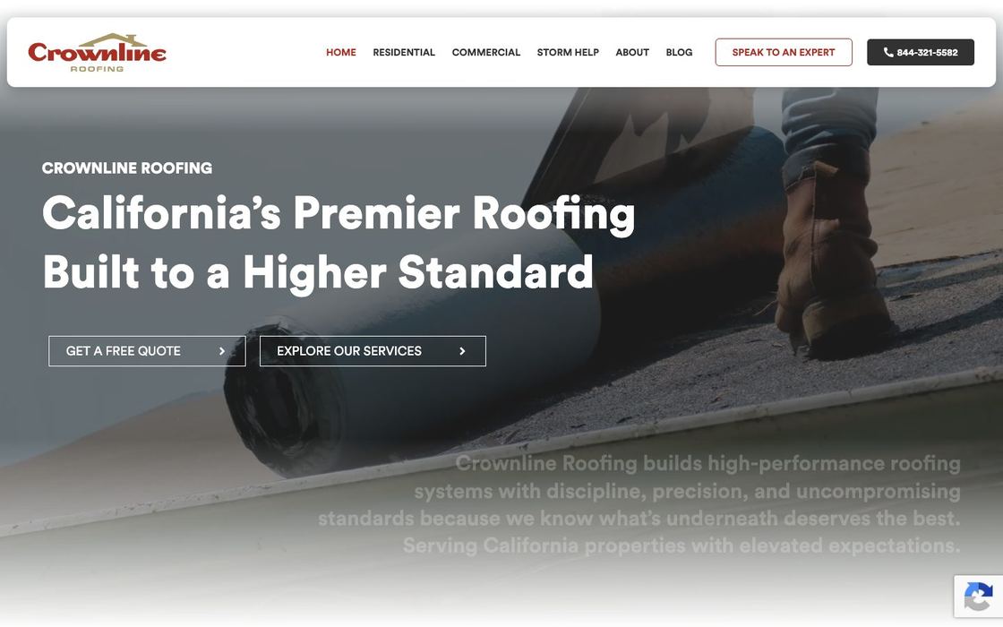 Crownline Roofing website: clean homepage with the headline California's premier roofing built to a higher standard