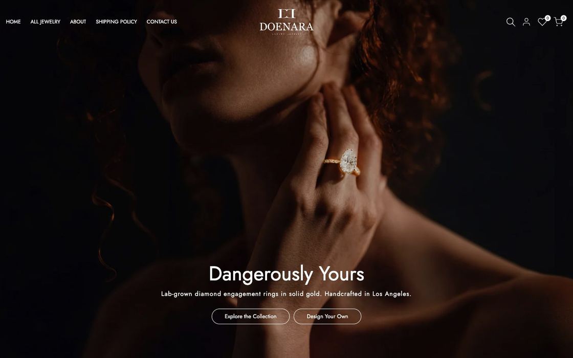 Doenara jewelry store: moody close-up of a diamond ring with the words Dangerously Yours