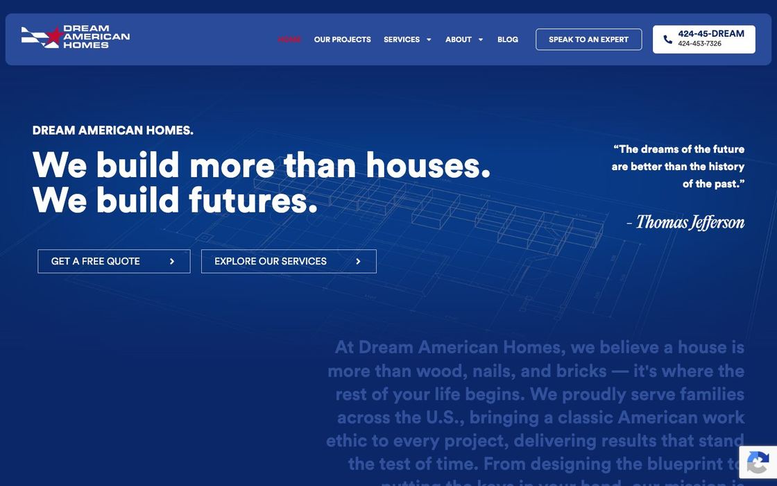 Dream American Homes website: blueprint-blue homepage reading We build more than houses, we build futures