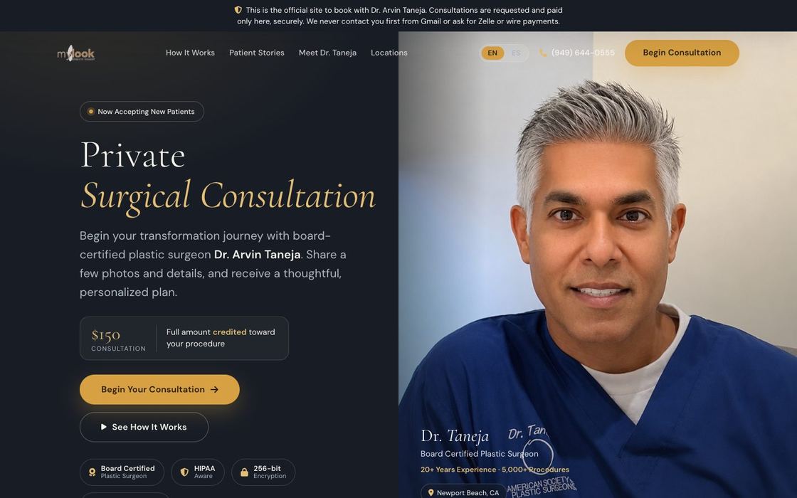 Dr. Arvin Taneja website: dark navy homepage offering a private surgical consultation with a portrait of the surgeon