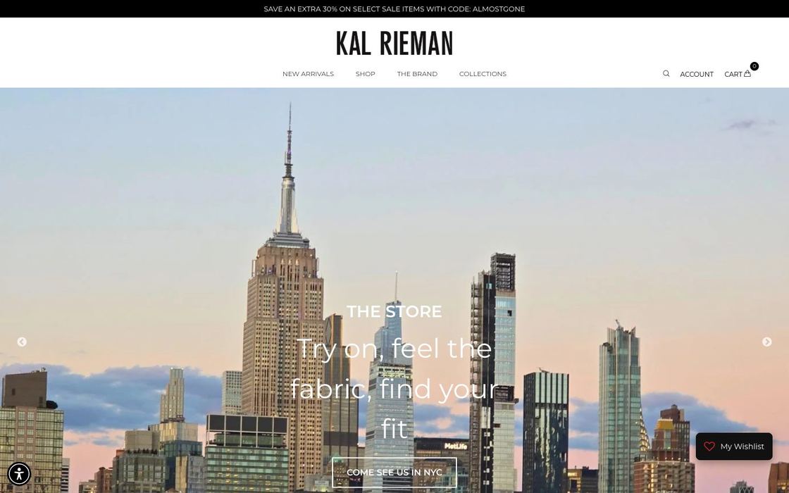 Kal Rieman online store: minimal white homepage with a model in a tailored shirt