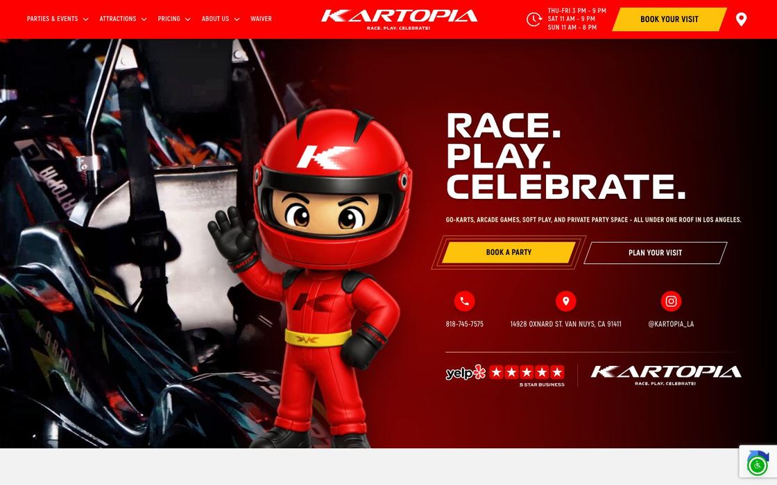 Kartopia LA website: red hero with a racing mascot and the words Race, Play, Celebrate