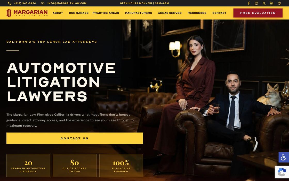Margarian Law website: black and gold homepage with editorial portraits of the attorneys