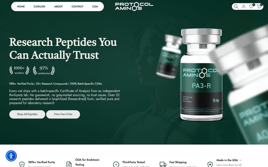 Protocol Aminos store: dark green homepage with peptide vials and the headline Research peptides you can actually trust