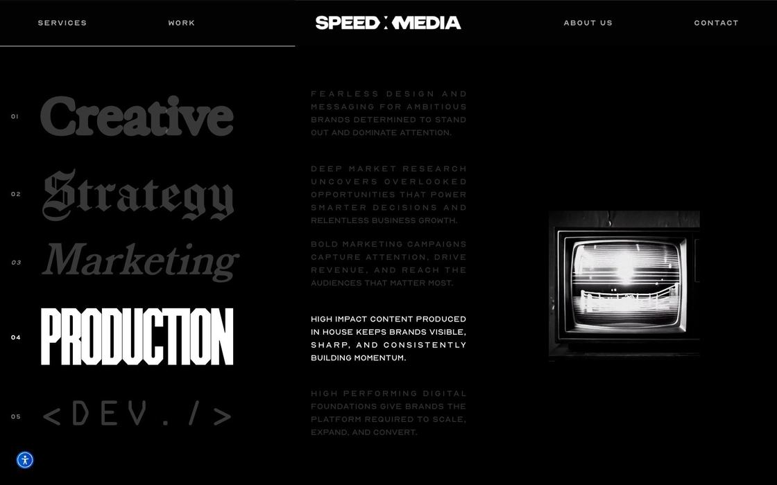 SpeedXMedia website: black and white creative agency homepage with bold condensed typography