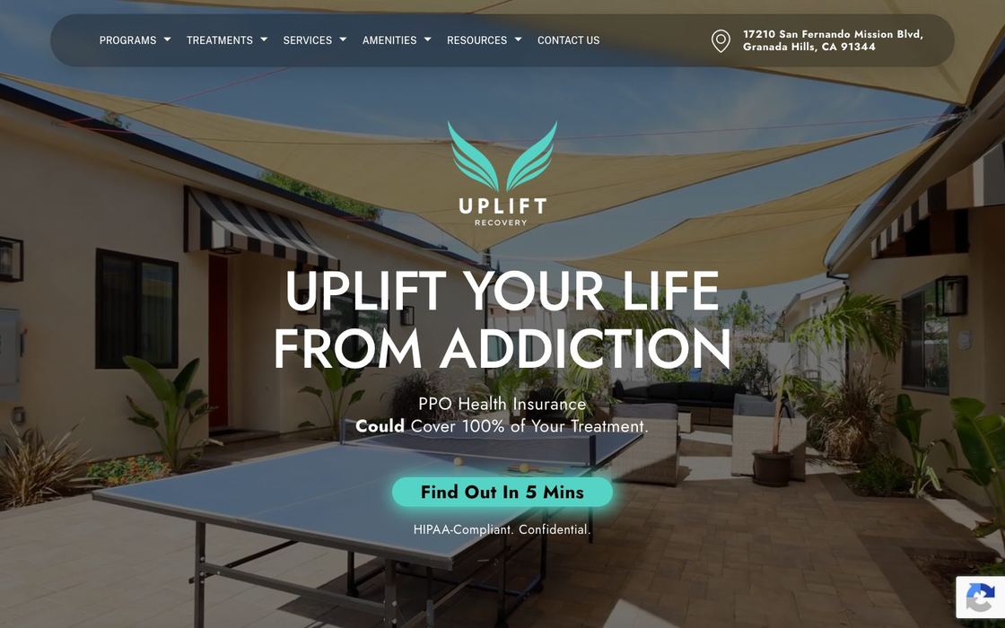 Uplift Recovery website: bright patio photo with the headline Uplift your life from addiction