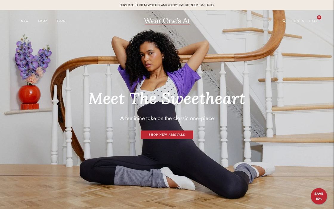 Wear One's At online store: dancer in a purple leotard on a staircase with the headline Meet the Sweetheart